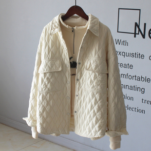 遮臀加厚加棉外套棉衣 女纯色菱格宽松中款 冬天夹棉衬衫 外套休闲款