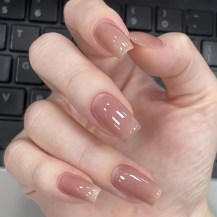 玻璃感清爽冰透肉桂裸美甲贴片假指甲成品纯手工定制作穿戴甲