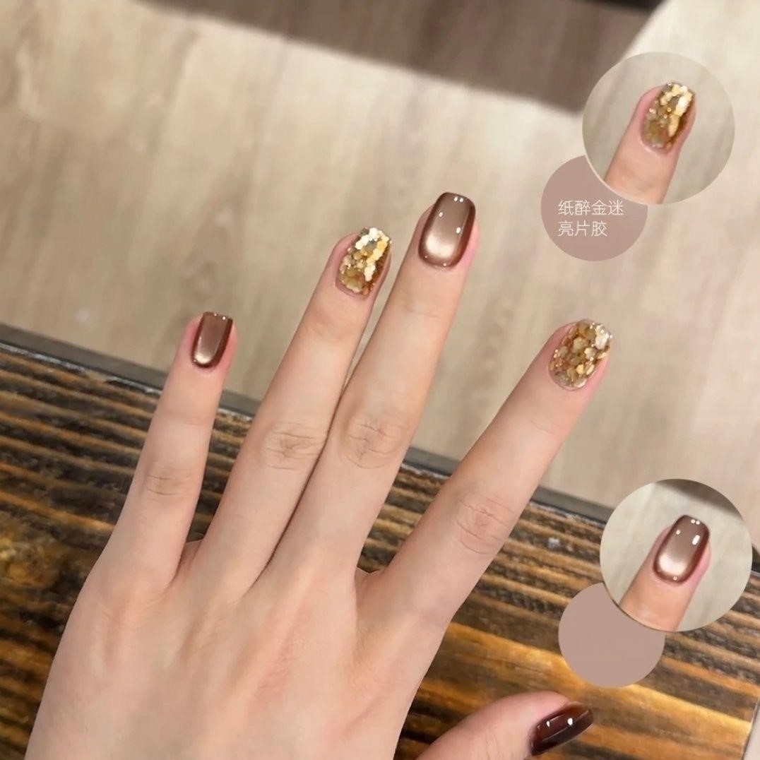 纯手工美甲贴片日常短款上学巨显白棕色猫眼跳色穿戴甲秋冬高级感