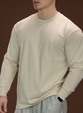BARBRO纯棉长袖t恤男秋季新款纯色简约修身上衣圆领男士休闲内搭