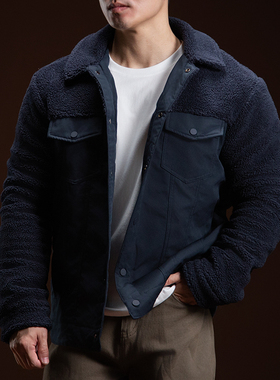BARBRO秋冬新款夹克男款复古拼接休闲高品质男羊羔绒翻领加厚外套