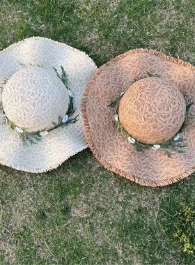 度假风百搭编织草帽女夏海边大帽檐显脸小渔夫帽沙滩田园遮阳帽子