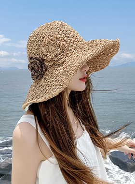 草帽女夏季沙滩帽子可折叠防晒大檐海边时尚度假太阳帽遮阳帽批发