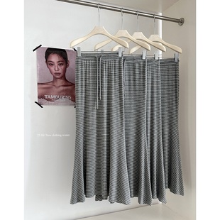 韩系慵懒风条纹鱼尾长款半身裙女2025夏季新款高腰显瘦A字长裙子