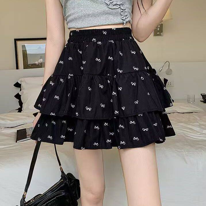 甜美蝴蝶结印花A字蛋糕裙女2026秋冬季高腰小个子防走光蓬蓬短裙