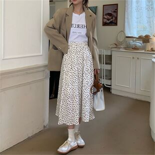 法式复古波点A字半身裙女高腰显瘦中长款松紧腰裙子