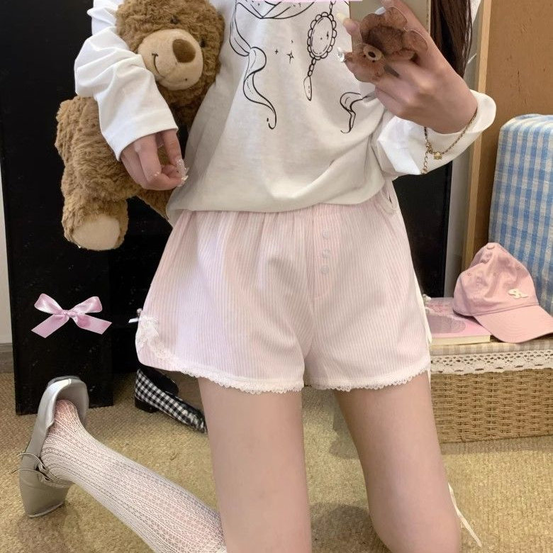 蕾丝花边条纹阔腿短裤女夏季新款设计感小众高腰防走光宽松休闲裤