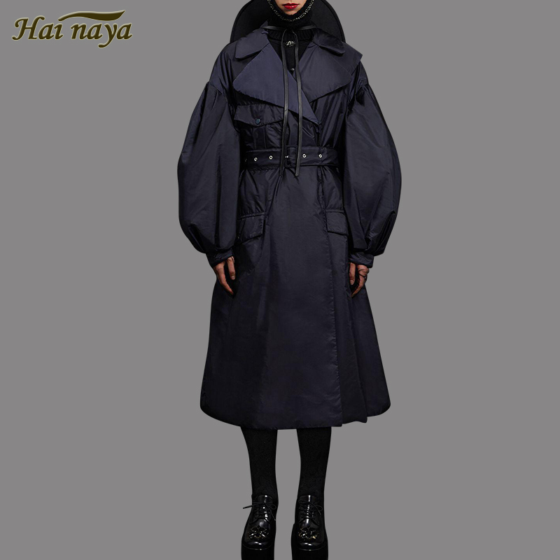 2023海纳亚秋冬新款欧美气质翻领灯笼袖显瘦保暖风衣外套羽绒服女