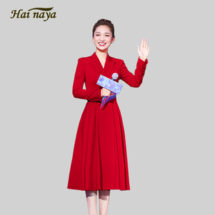 25春秋新款 大摆连衣裙气质优雅高级感红色敬酒服年会主持礼服 长袖