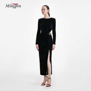 法式连衣裙女气质优雅圆领露腰修腰显瘦长袖潮流黑色开叉长款裙