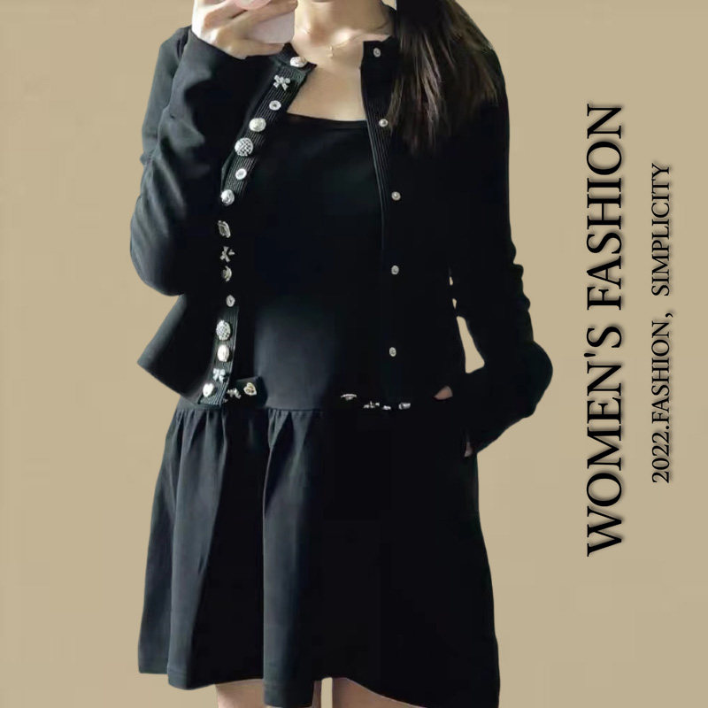 秋季新款两件套重工小香风毛衣连衣裙女黑时髦钉扣外搭针织外套女,女装/女士精品,时尚套装,淘宝优惠券,粉丝福利购,淘宝优惠卷