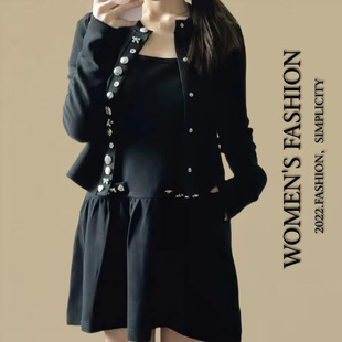秋季 两件套重工小香风毛衣连衣裙女黑时髦钉扣外搭针织外套女 新款
