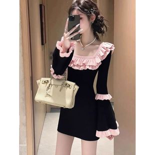 短裙 收腰显瘦喇叭袖 2025年新款 淑女风荷叶边方领连衣裙女黑色长袖