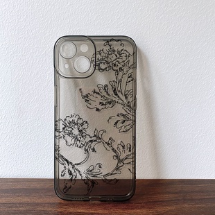 复古牡丹线描适用iPhone16苹果17promax华为Pura70mate80小米15红米note14全包OPPOfindx9手机软壳一加ACE6vi