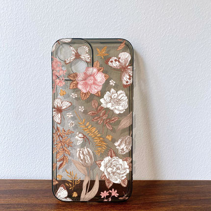 透黑手机壳适用iPhone17promax苹果16plus保护vivox50华为p80荣耀400女iqoo13花朵opporeno9小米14红米13一加