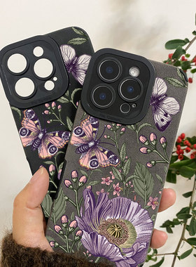 复古紫色蝴蝶iPhone16苹果15promax全包14plus男女手机壳nova13华为p70适用vivox200小米15红米11OPPOReno12
