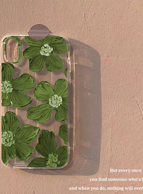 绿色油画适用iPhone17苹果16手机壳硅胶vivoy52s小米15红米k80防摔OPPOreno14一加荣耀90三星华为p70苹果13女