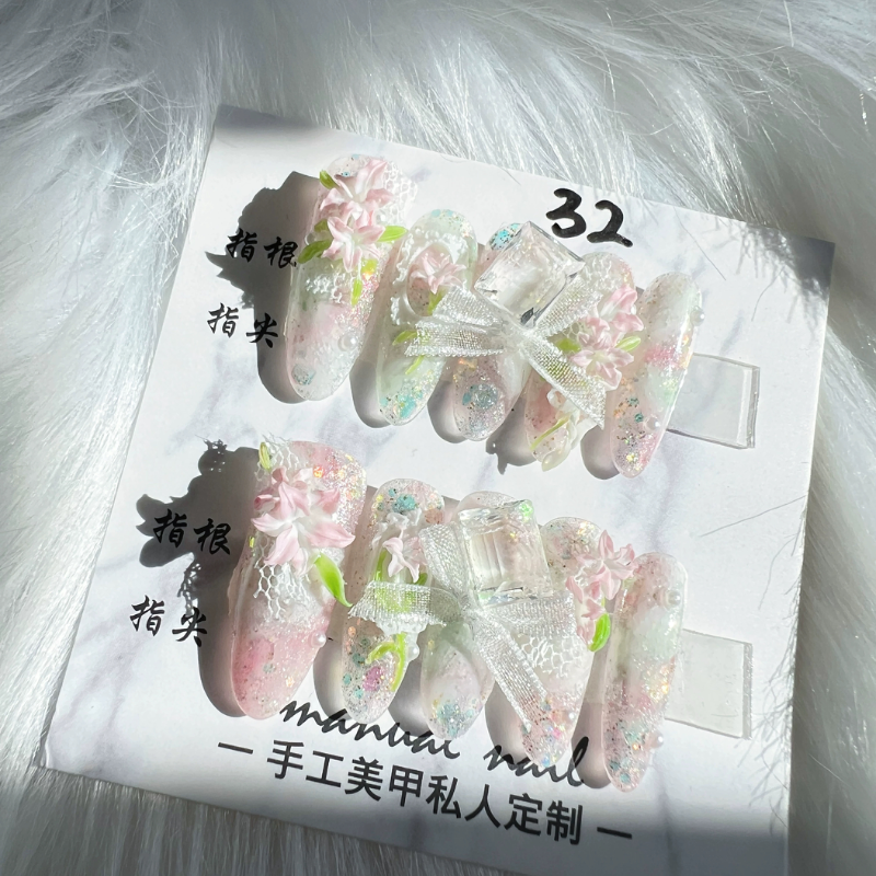 粉黛纯手工定制美甲立体百合花冰晶碎钻晕染假指甲可拆卸甲片包邮