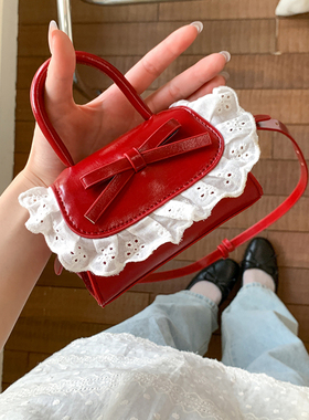 蝴蝶结蕾丝手提小包包女式2025新款夏季可爱斜挎包红色精致迷你包