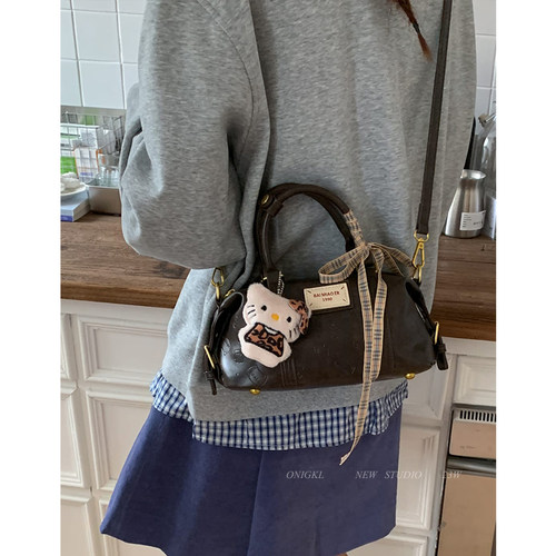 复古通勤斜挎保龄球小包包女2025新款秋冬单肩包棕色手提波士顿包