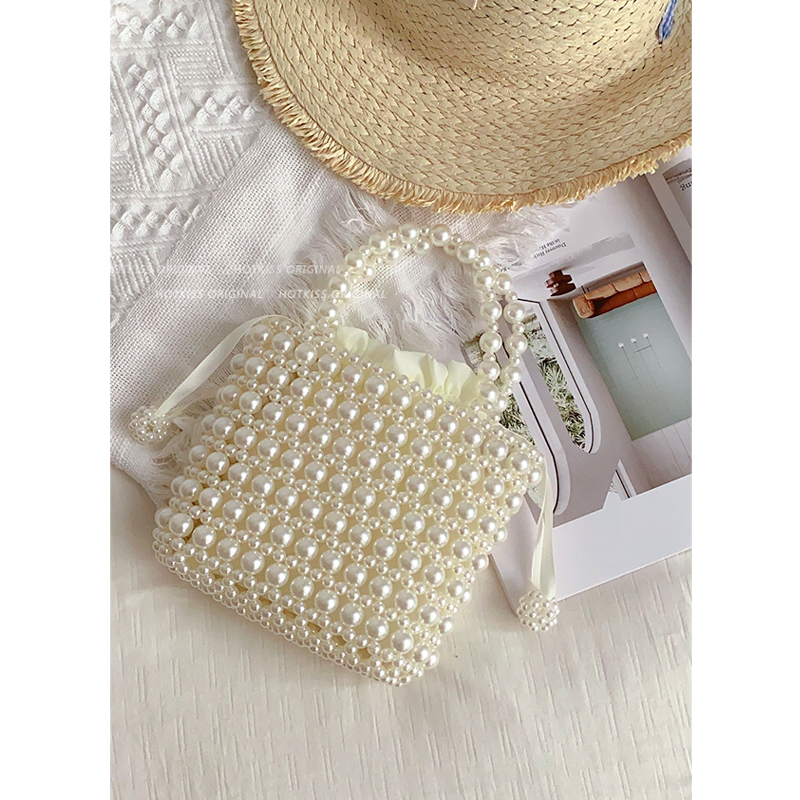 法式珍珠手提包包女2024新款夏季流行百搭手拎包高级感小众水桶包