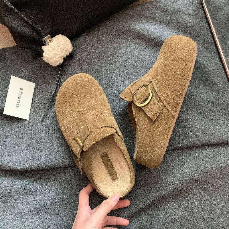 真皮版2025秋冬厚底勃肯鞋复古皮带扣毛毛鞋小金扣包头勃肯半拖鞋