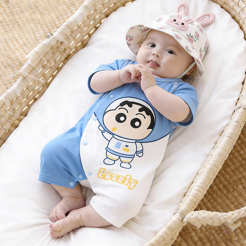 婴儿连体衣宝宝夏季纯棉短袖无骨薄款新生儿衣服哈衣爬服睡衣夏装