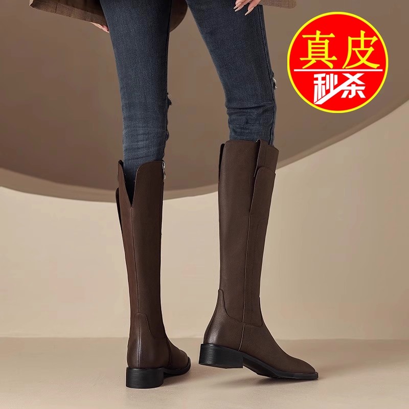 真皮显腿长不过膝长筒靴骑士靴女