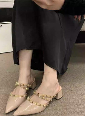 品牌小香风铆钉高跟鞋女包头半拖