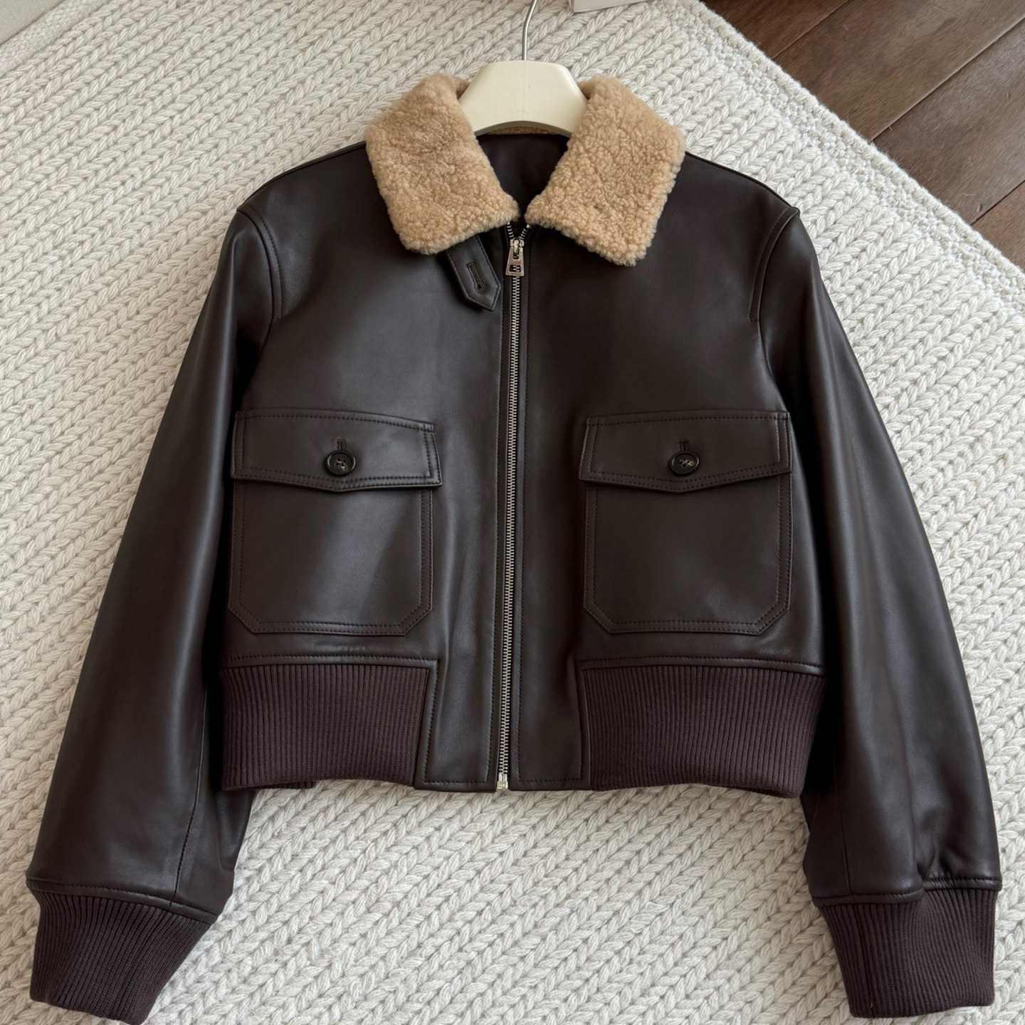 美丽奴皮毛一体毛领+新西兰进口小羊皮 女士复古短款皮衣夹克外套