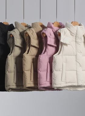 客供面料~Wunder Puff四格短款泡芙羽绒马甲立领连帽白鸭绒背心女