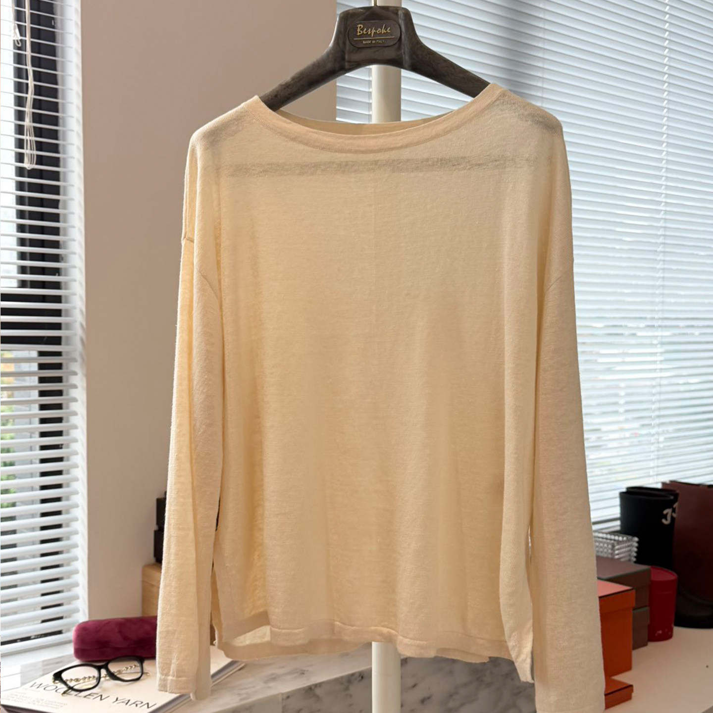 绝美定染！松弛感一字圆领亚麻长袖T恤宽松落肩袖针织防晒罩衫女