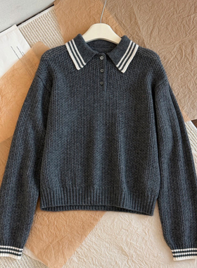 贸易公司订单~M1u格雷学院风翻领短款长袖针织Polo衫上衣女 量少~