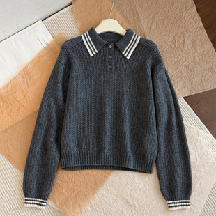 M1u格雷学院风翻领短款 量少 长袖 上衣女 针织Polo衫 贸易公司订单