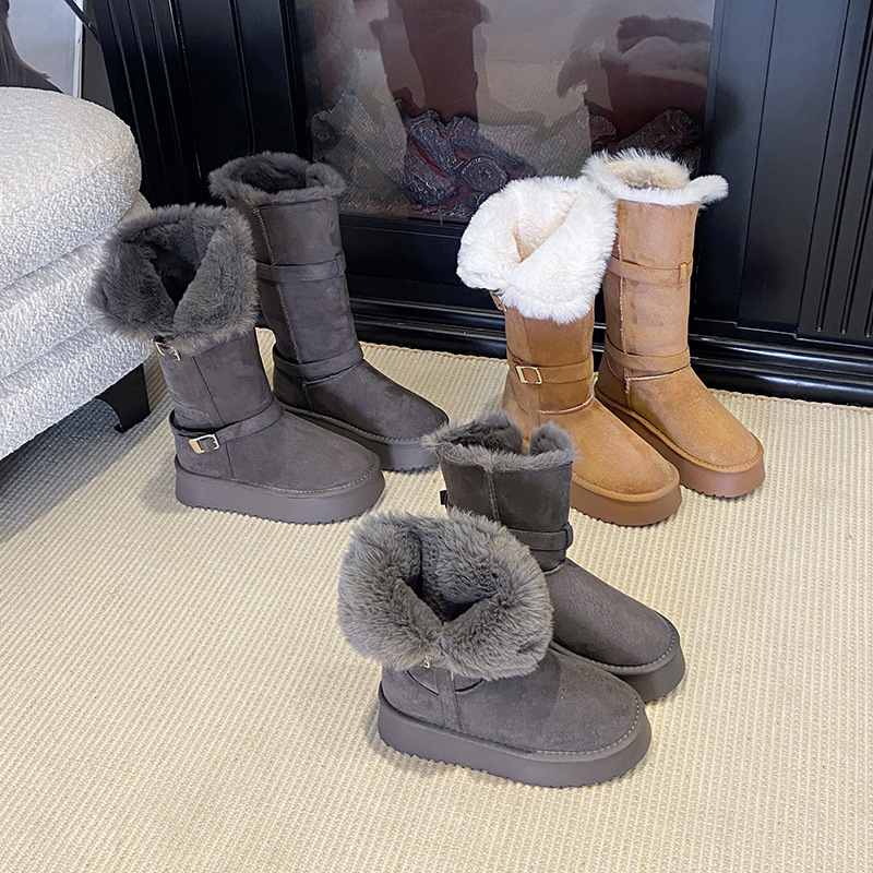 毛毛短靴灰色长筒雪地靴