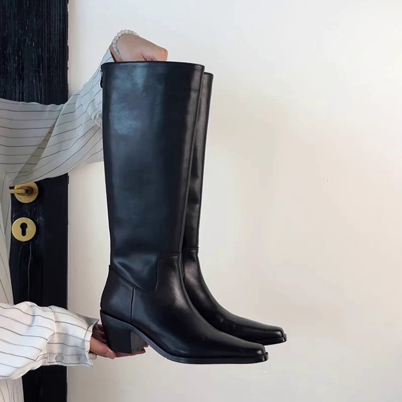 现货~复古真皮不过膝长靴