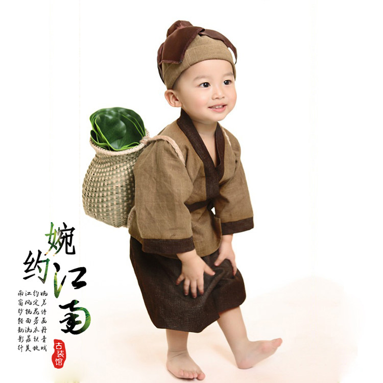 小和尚衣服儿童宝宝拍照摄影衣服古装汉服男童锄禾书童服装演出服
