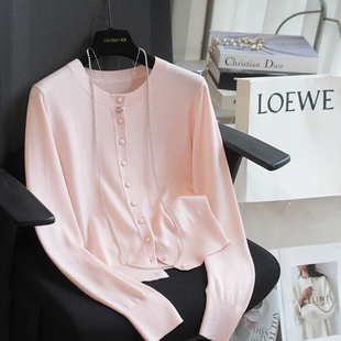 虫小小 可机洗~细闪亮丝羊毛衫女基础百搭圆领针织开衫春季963B