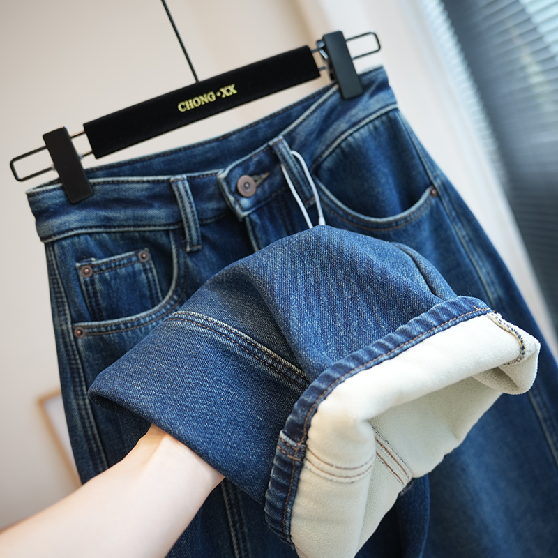 虫小小加绒保暖高腰阔腿牛仔裤