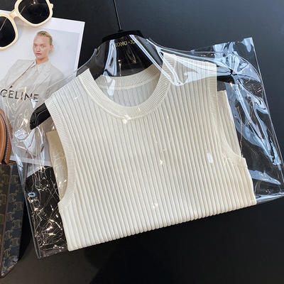 天丝亚麻圆领针织无袖背心女士