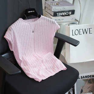 上衣春夏新款 虫小小 T恤女短袖 针织衫 A111F 亚麻棉坑条镂空小飞袖