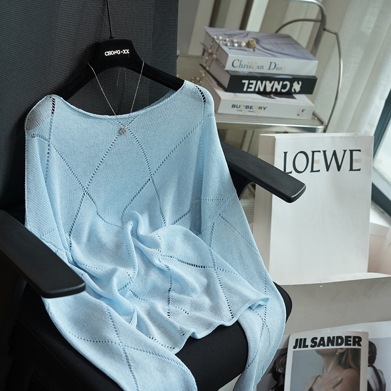 虫小小 和纸纱一字领菱格镂空长袖针织衫女防晒上衣罩衫春夏A122M