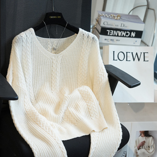 女毛衣罩衫 针织衫 外穿秋A61B 绵羊毛金银丝V领宽松镂空长袖 虫小小