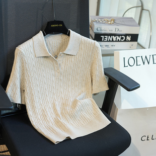女上衣早秋新款 针织衫 A41A 老钱风气质polo翻领绞花短袖 虫小小