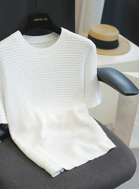柜上1K+TH华夫格修身显瘦圆领短袖针织衫T恤女上衣春夏新款A106K