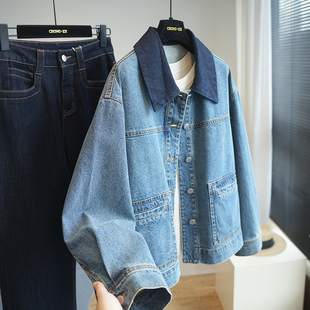 新款 休闲夹克女牛仔外套春季 潮A104R 复古纯棉撞色翻领短款 虫小小