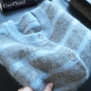 女毛衣外套秋冬A52M 宽松针织开衫 虫小小 100羊毛拉绒软糯条纹长袖