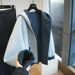 虫小小 大衣女毛呢外套小个子秋冬A82R 全羊毛连帽双面呢宽松短款