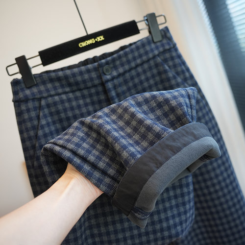 虫小小高腰显瘦格纹加绒直筒裤