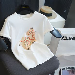 T恤女上衣春夏A109J 彩陶小马印花纯棉圆领短袖 虫小小 明星同款